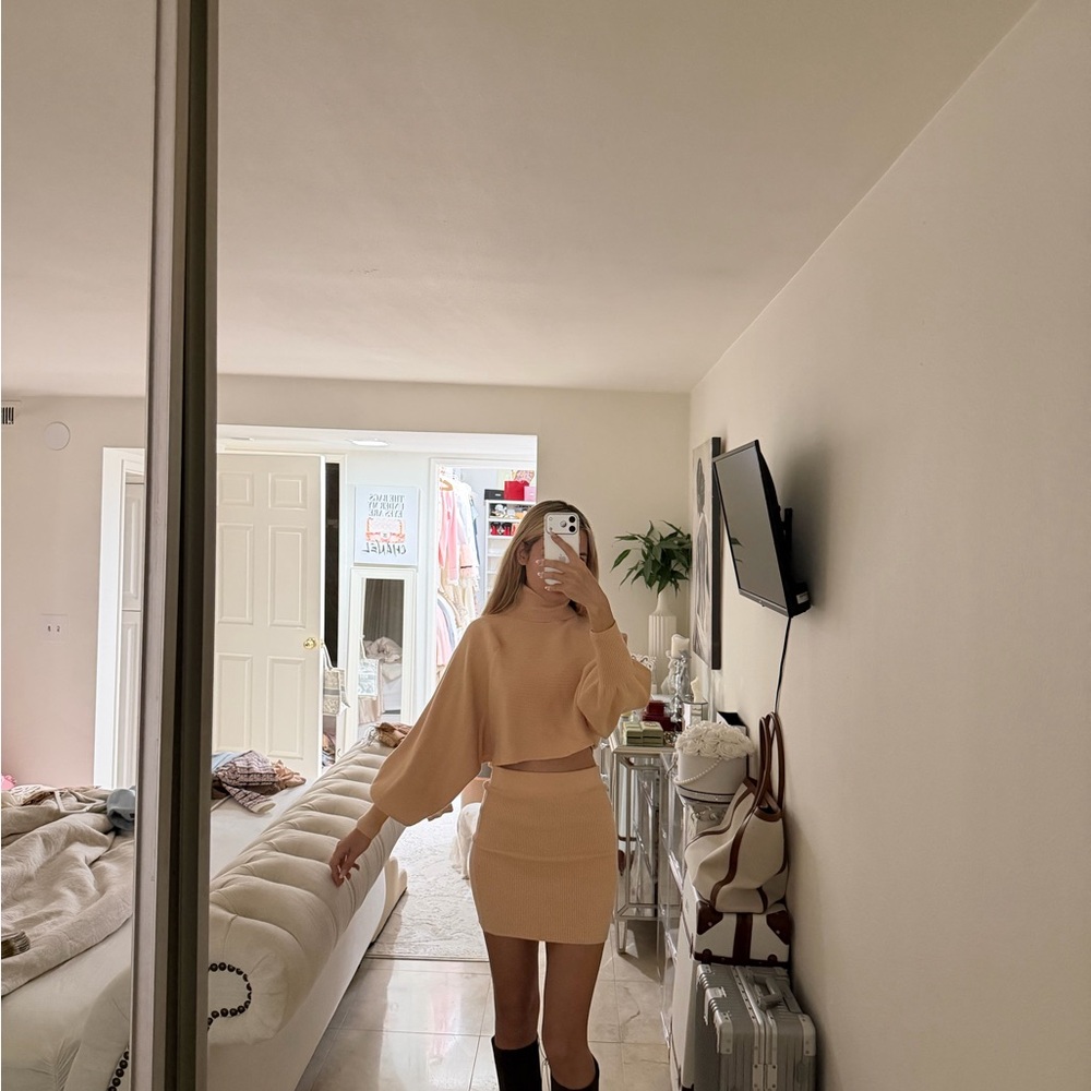 Beige Two-Piece Sweater and Skirt Set